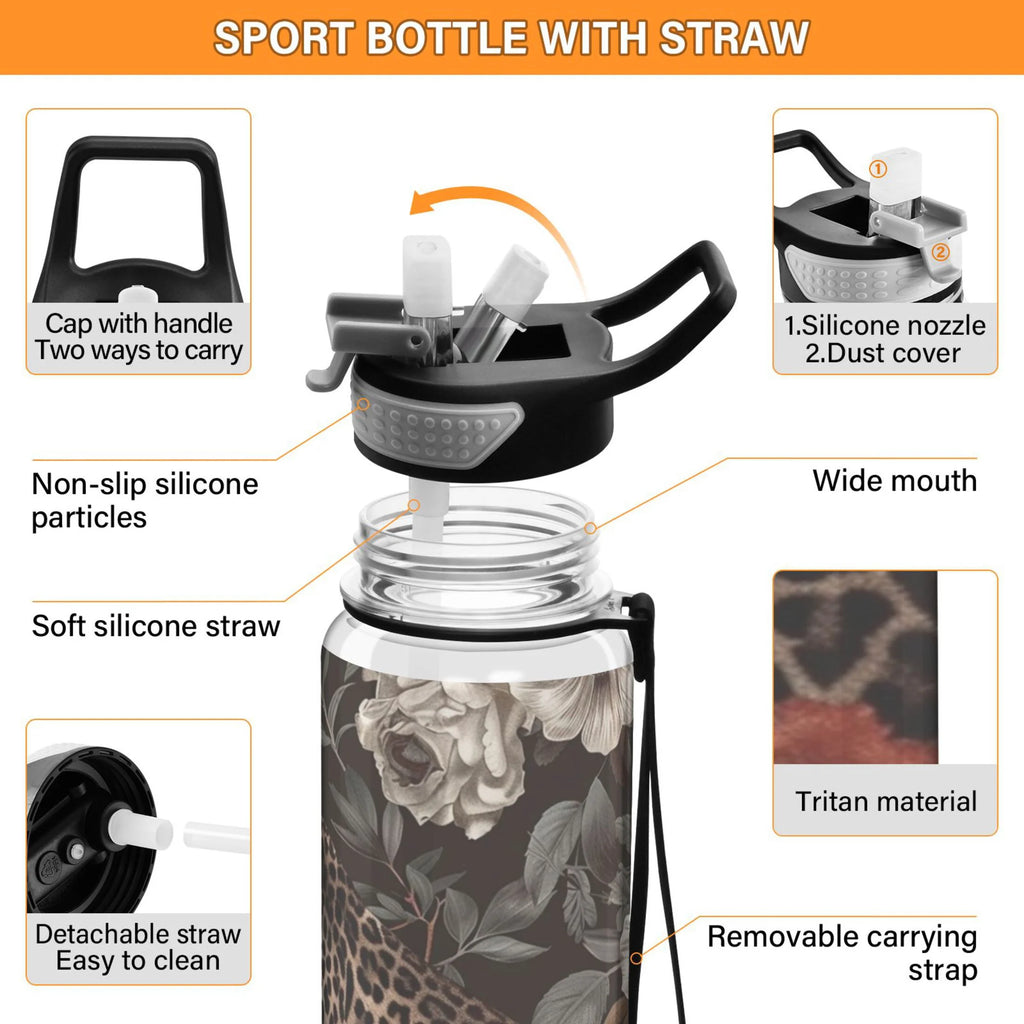 Leopard in Flowers 32oz Tritan Sports Water Bottle with Straw C30249
