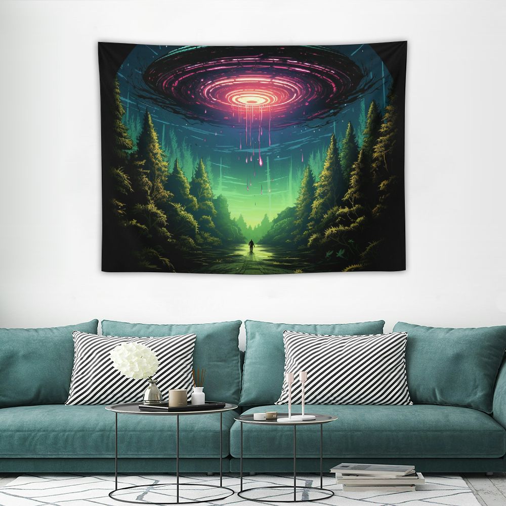 Funny UFO Alien Blue Purple Space Starry Sky Tapestry Wall Hanging R678476