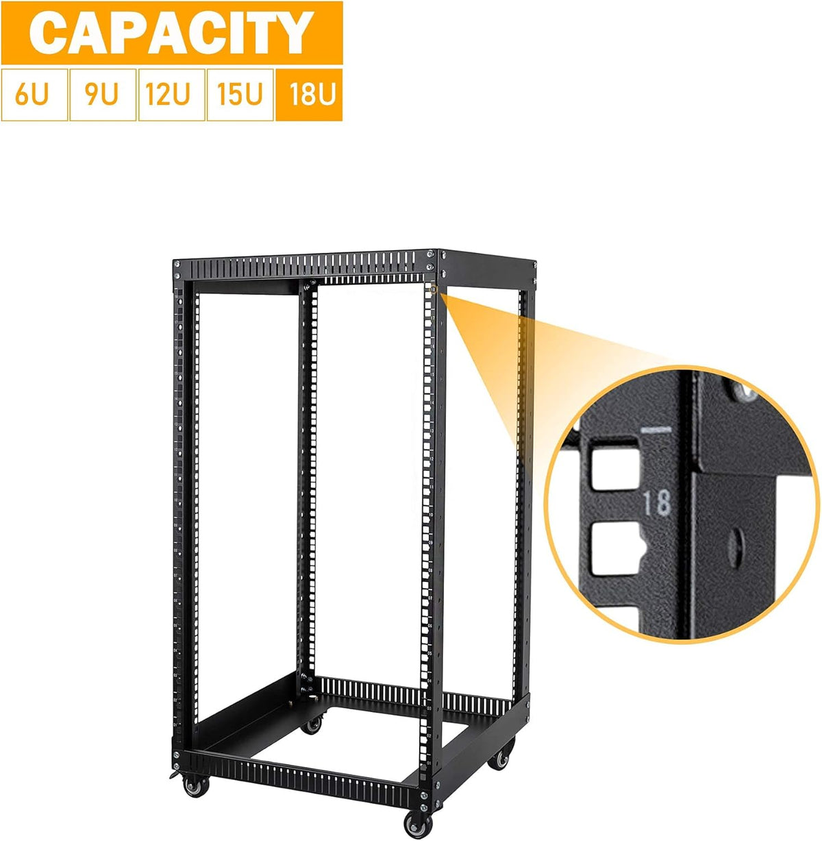 18U 4 Post Open Frame Server Rack with Brake Casters Black Q697888