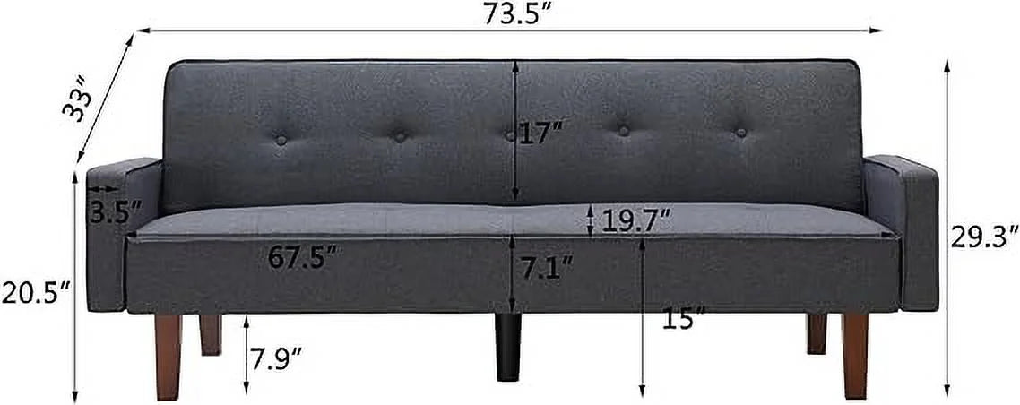 Dark Grey 3-Seat Linen Sofa Bed with 4 Solid Wood Legs O75853