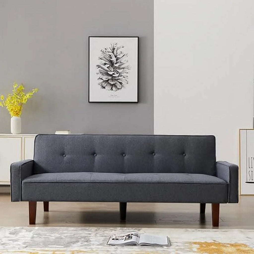 Dark Grey 3-Seat Linen Sofa Bed with 4 Solid Wood Legs O75853
