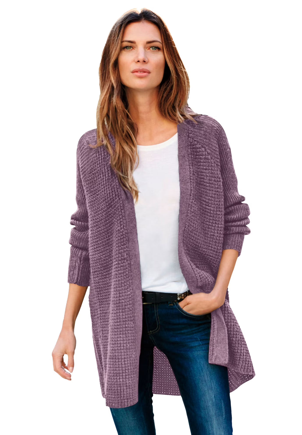 Dusty Purple Plus Size Open Front Waffle Cardigan T278684