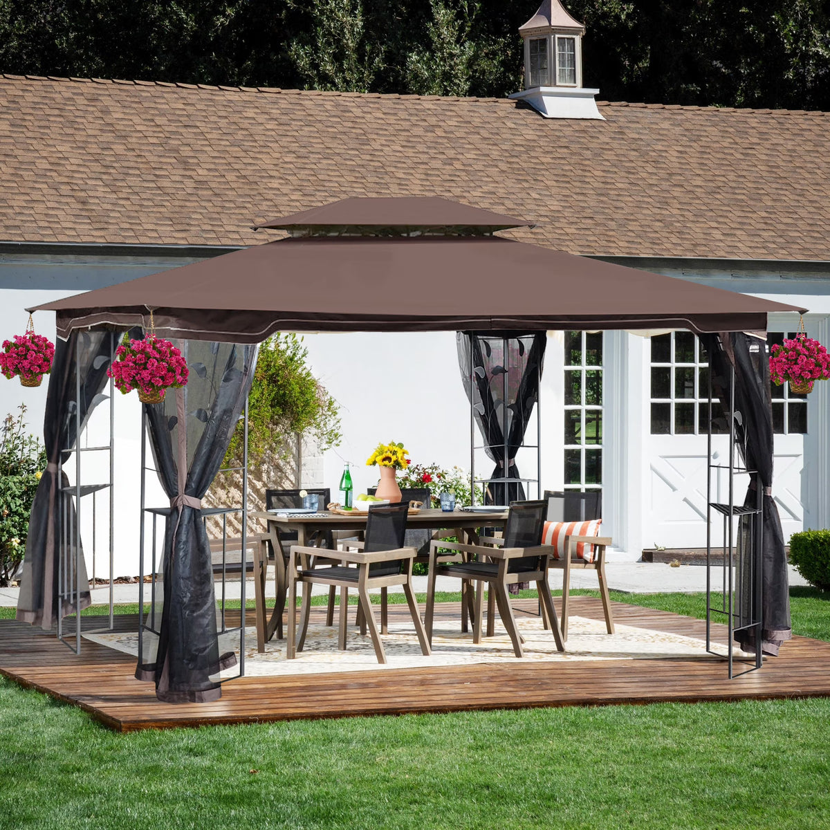 Brown Top Outdoor Patio Gazebo Canopy Tent with Mosquito Net E87292
