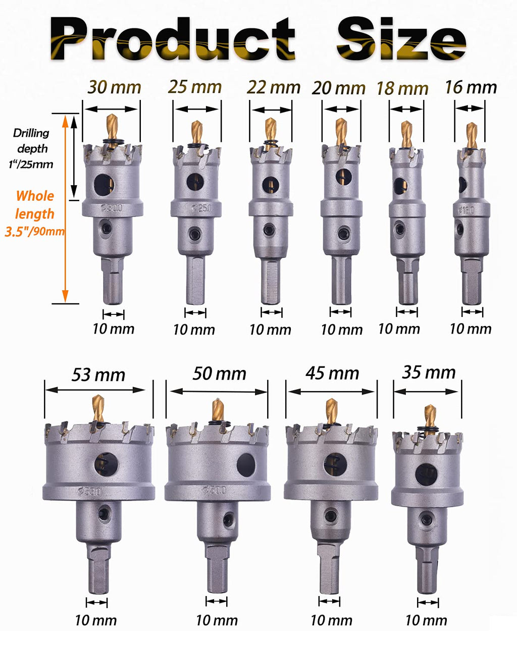 10 Pcs Tungsten Carbide Tipped Hole Saw Kit with Titanium-Plated Pilot Drills R36314