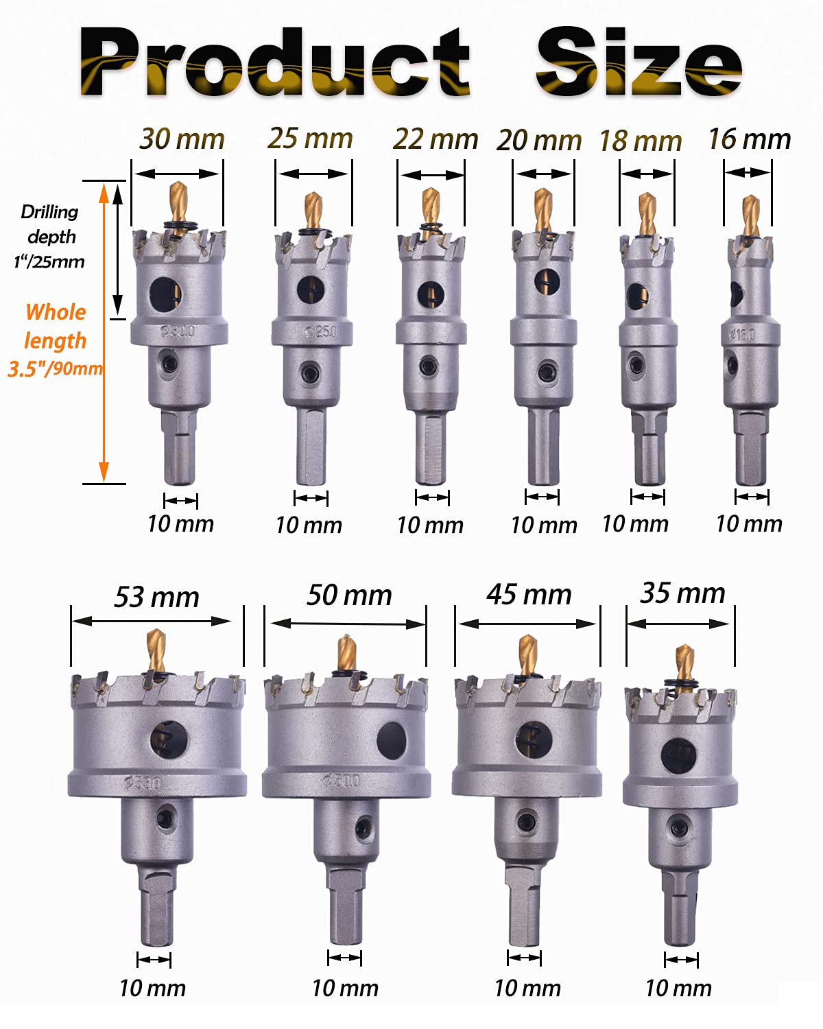10 Pcs Tungsten Carbide Tipped Hole Saw Kit with Titanium-Plated Pilot Drills R36314