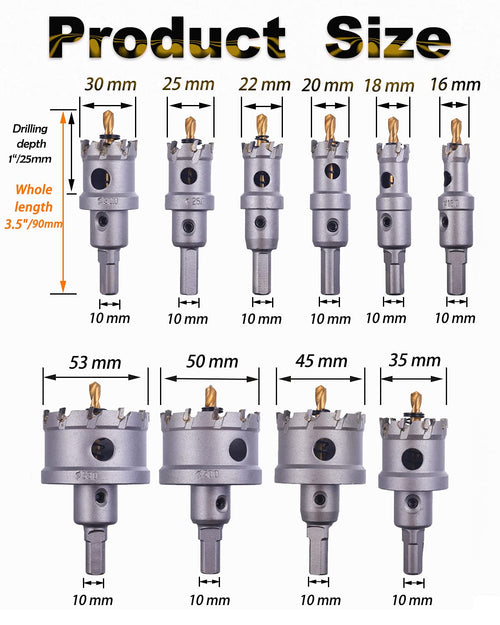 10 Pcs Tungsten Carbide Tipped Hole Saw Kit with Titanium-Plated Pilot Drills R36314