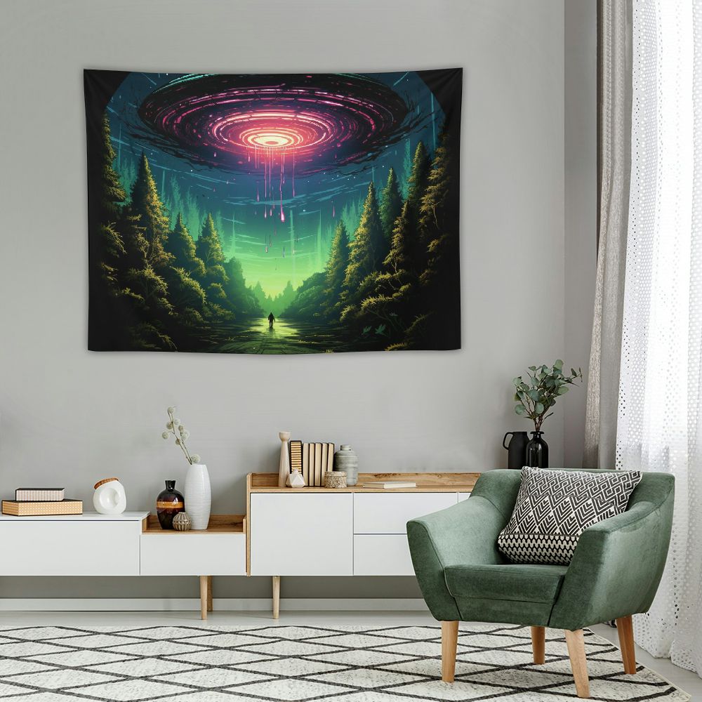 Funny UFO Alien Blue Purple Space Starry Sky Tapestry Wall Hanging R678476