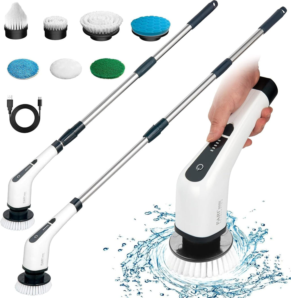 White Cordless Electric Spin Scrubber with 7 Brush Heads, Adjustable Handle, Pack of 2 B13700