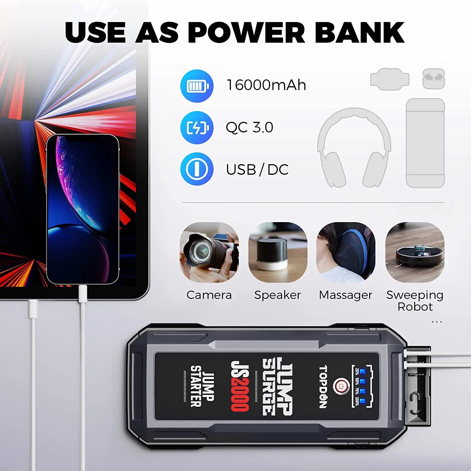 12V 2000A Peak Car Battery Charger Jump Starter P344625