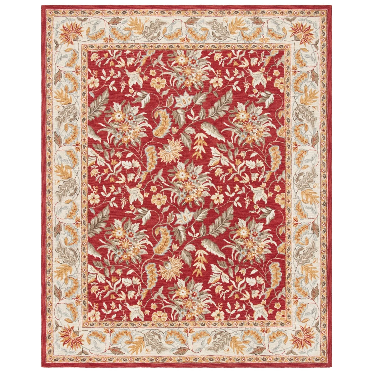 Red Floral Wool Runner Rug B900525