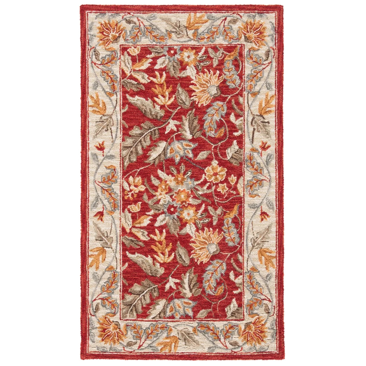 Red Floral Wool Runner Rug B900525