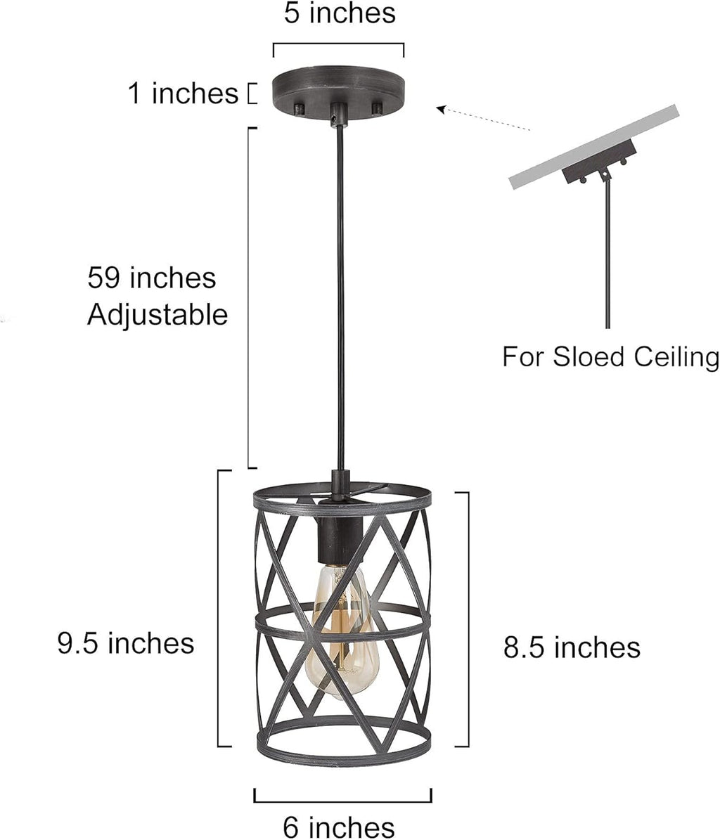 Farmhouse Pendant Lighting, Modern Industrial Cage Light Fixture, Brushed Antique Silver Finish L9903