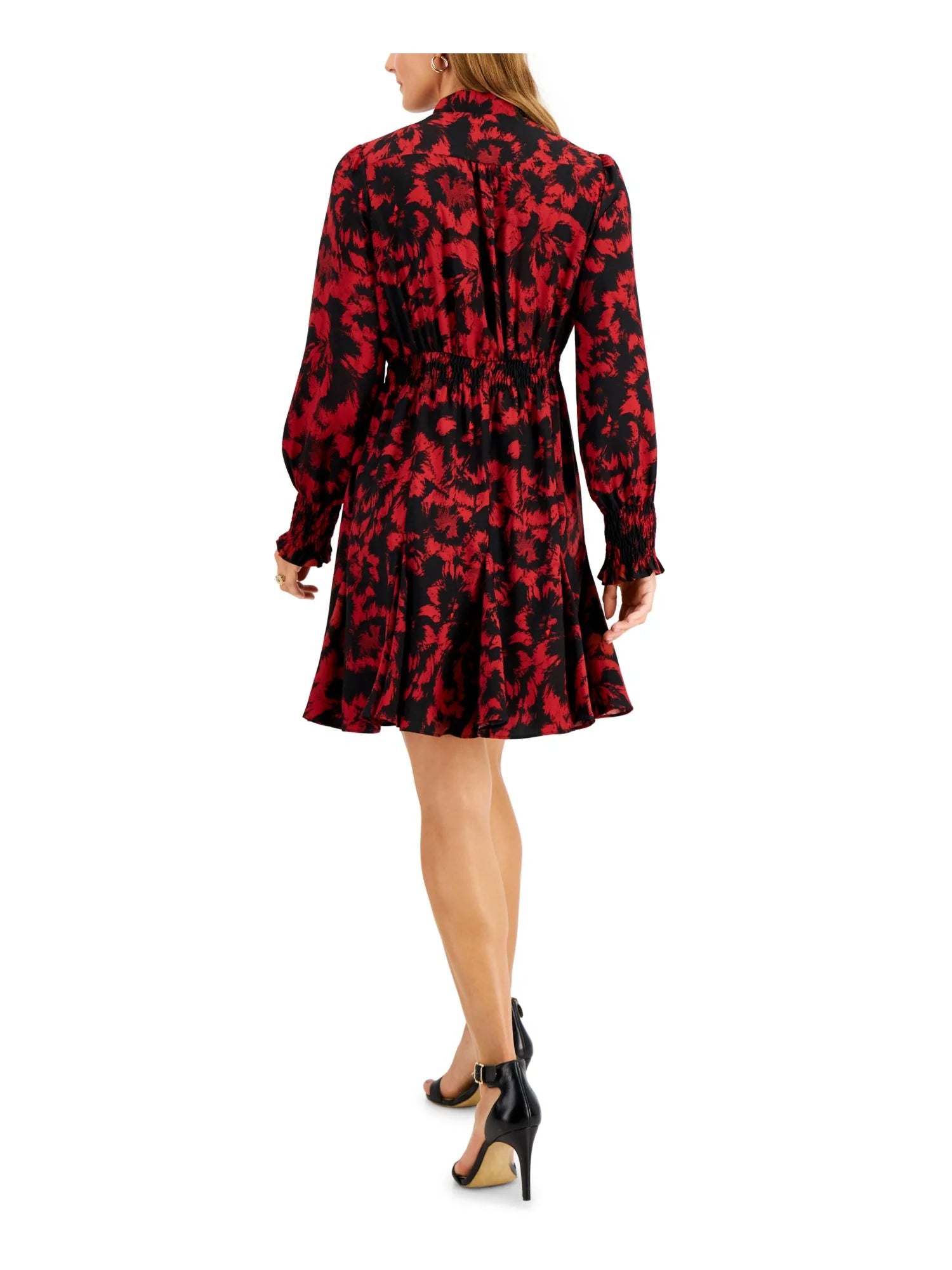 Red Tie Smocked Floral Pouf Sleeve V Neck A-Line Dress Petites 8P M2565