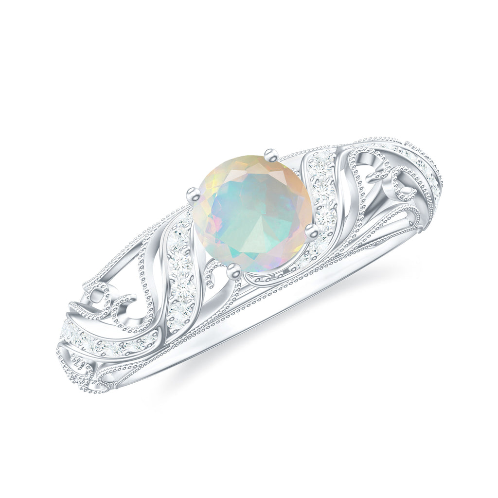 3/4 CT Ethiopian Opal and Diamond Solitaire Engagement Ring, 925 Sterling Silver, US 4.00 U18401