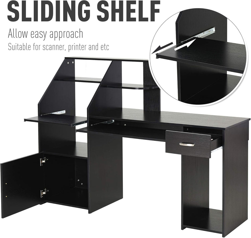 Black Wood Grain Computer Desk with Sliding Keyboard and Storage Shelves O4189