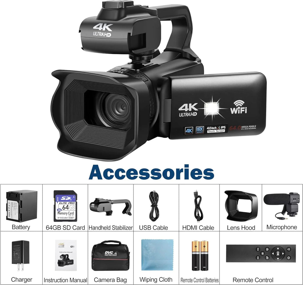 4k Video Camera Camcorder with 18X Digital Zoom, 64MP, 4.0-inch Rotating Touchscreen, 64GB SD Card, Black C864