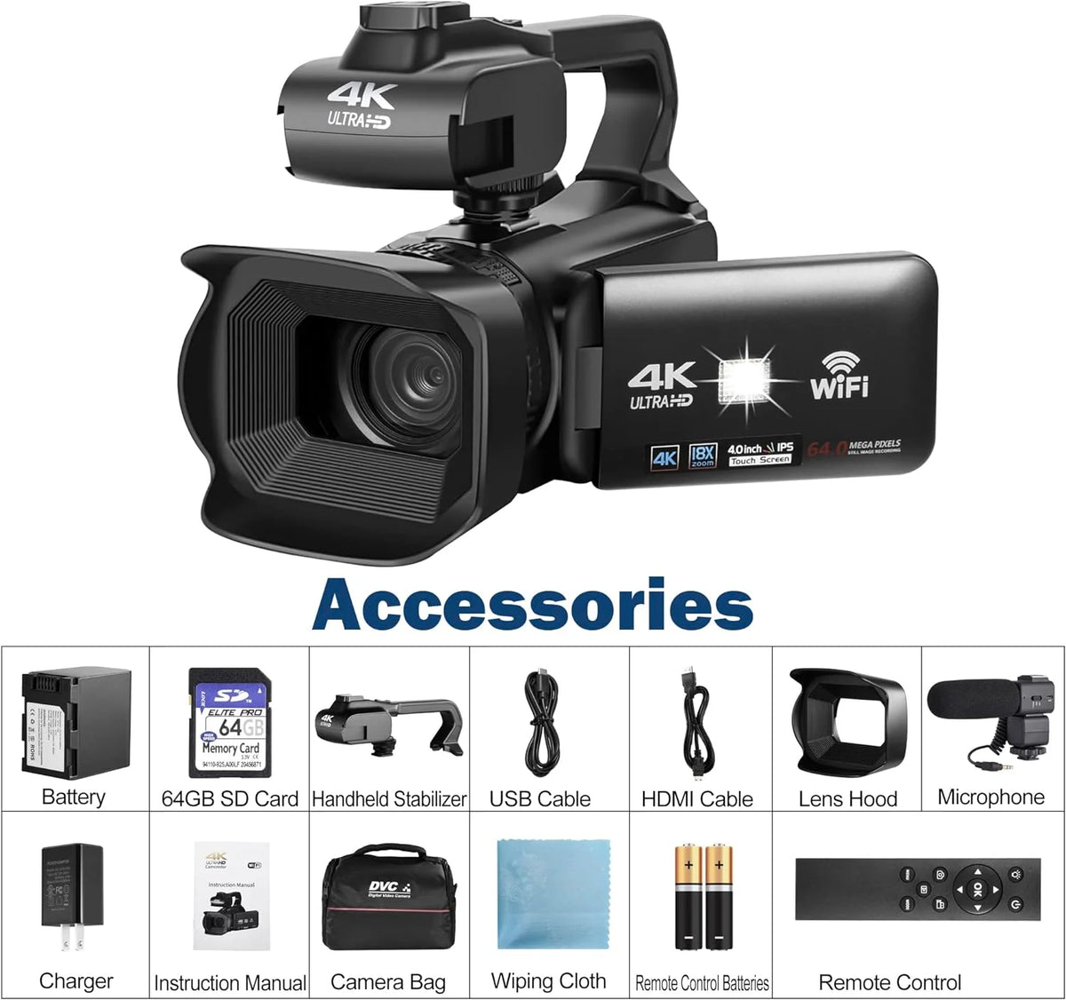 4k Video Camera Camcorder with 18X Digital Zoom, 64MP, 4.0-inch Rotating Touchscreen, 64GB SD Card, Black C864