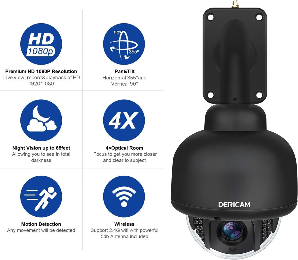 Black Outdoor WiFi PTZ Security Camera with 4X Optical Zoom and 32GB Memory Card R99683
