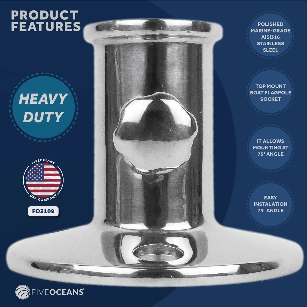 Boat Flag Pole Socket with Knob, Top Mount, Stainless Steel, Fits 3/4 Inch Poles V7691
