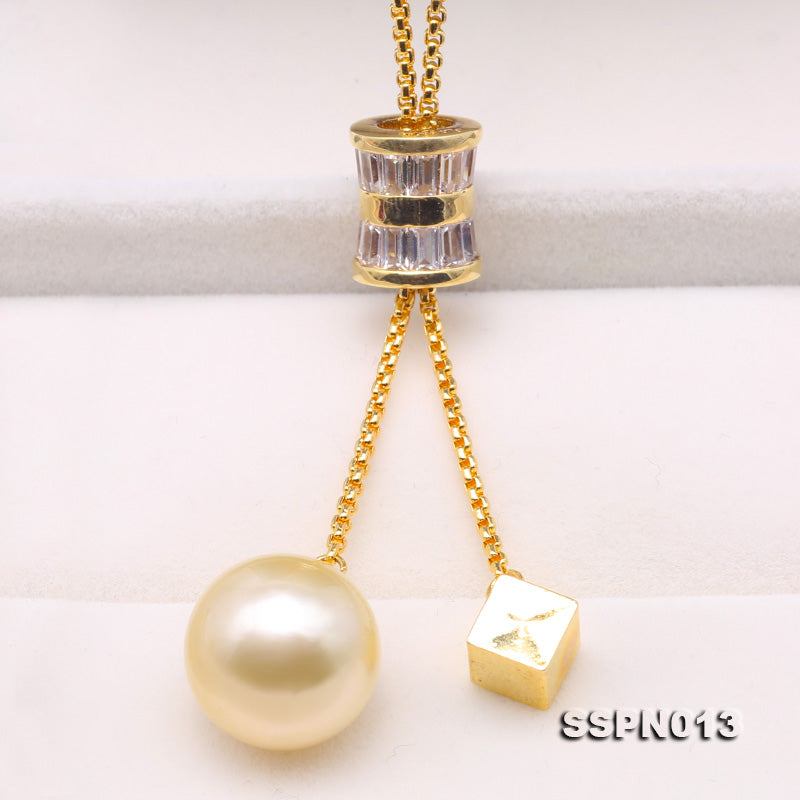 Genuine 13mm Round Golden South Sea Cultured Pearl Pendant Necklace 38" V547