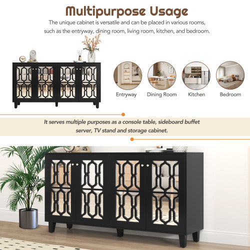 Black 4-Door Mirror Hollow-Carved Buffet Cabinet with Adjustable Shelves W9644