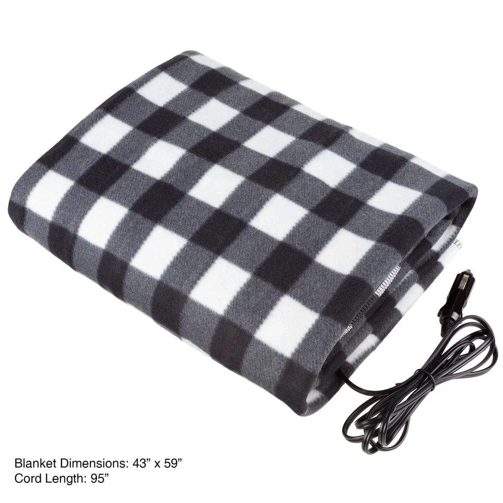 Black and White Heated 12V Polar Fleece Travel Throw V9962