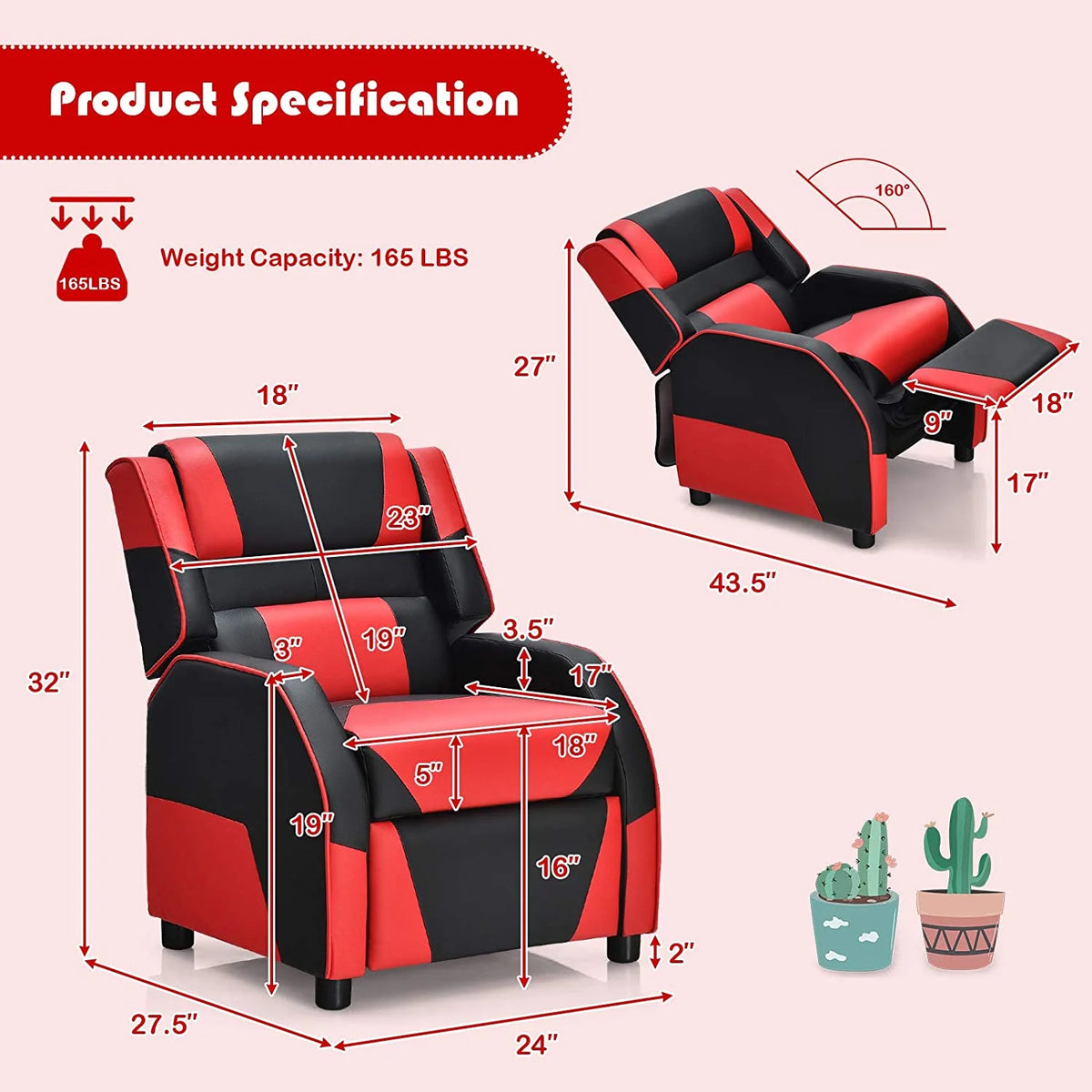 Red Ergonomic Leather Recliner Chair for Children L54729