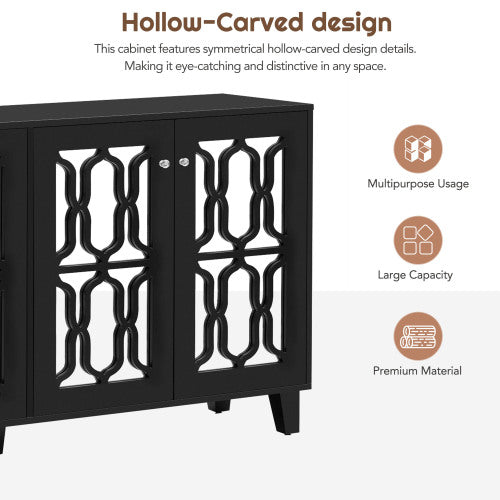 Black 4-Door Mirror Hollow-Carved Buffet Cabinet with Adjustable Shelves W9644