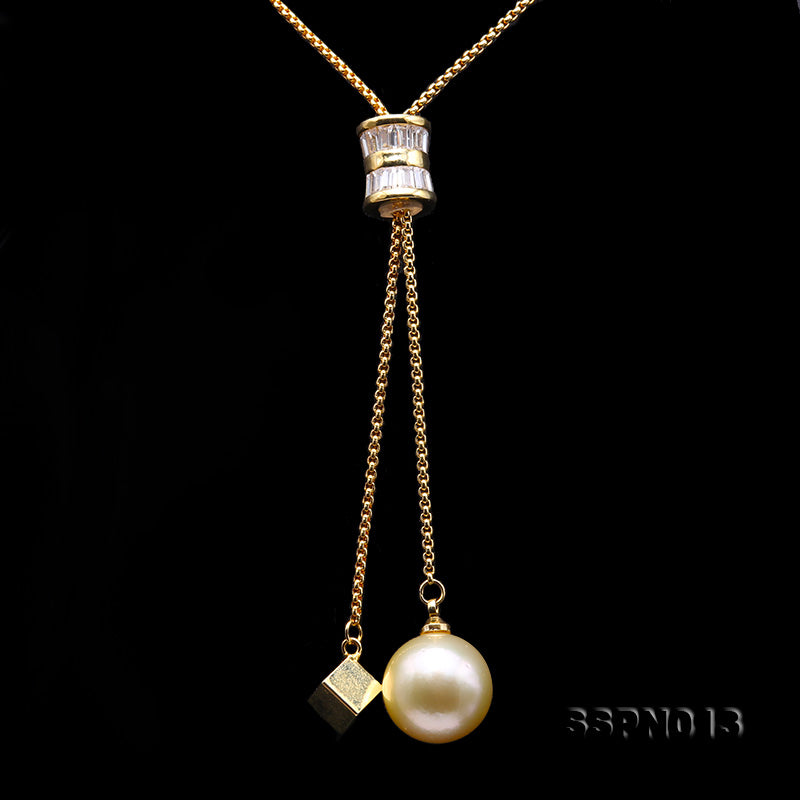 Genuine 13mm Round Golden South Sea Cultured Pearl Pendant Necklace 38" V547