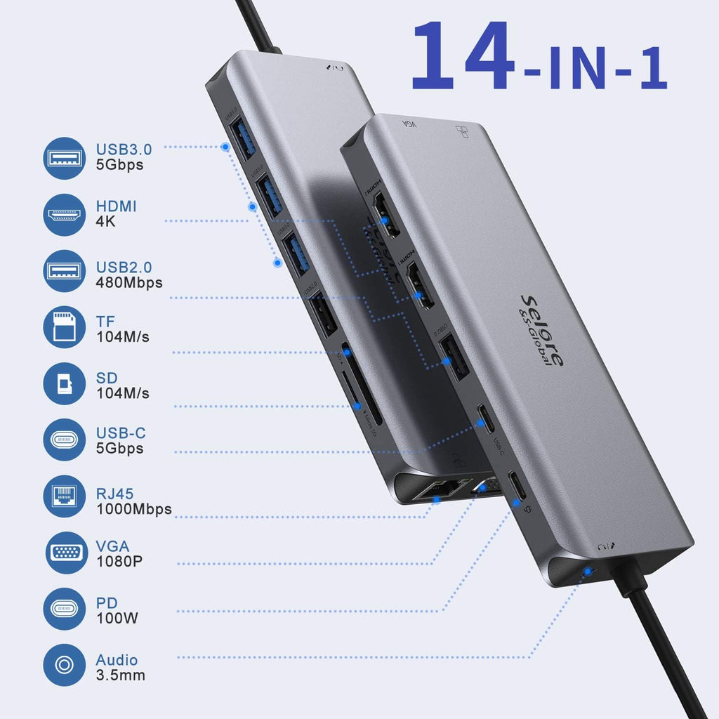 USB C Docking Station Dual Monitor 14 in 1 4K HDMI VGA Gigabit Ethernet 100W PD SD TF Card Reader 3.5mm Audio M407074