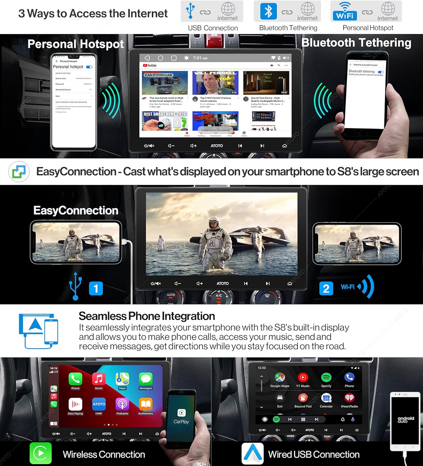 10 inch Double-DIN Car Stereo with Wireless CarPlay & Android Auto W613346